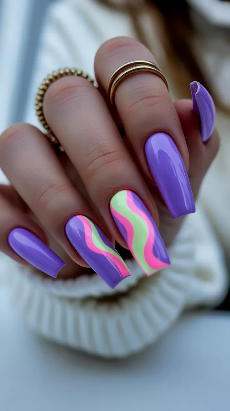 stunning spring nails coffin 2026 Lavender Waves with Neon Accents for a Modern Spring Twist
