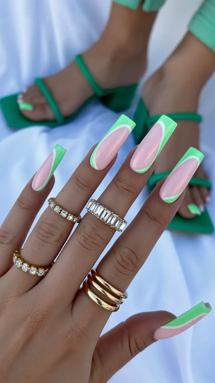 stunning spring nails coffin 2026 Fresh Neon Green French Tips for a Clean Spring Statement