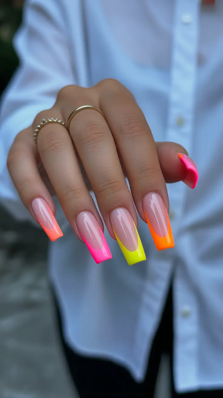 stunning spring nails coffin 2026 Bright Neon Gradient Tips for a Bold Spring Energy