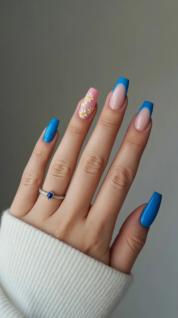 stunning spring nails coffin 2026 Blue Daisy Accents That Feel Like the First Warm Day of Spring