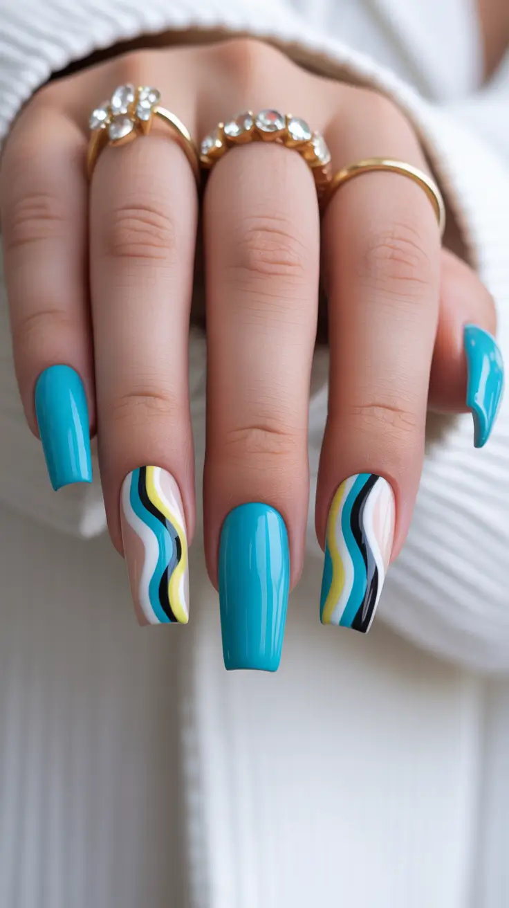stunning spring nails coffin 2026 Turquoise Abstract Waves for a Modern Graphic Look