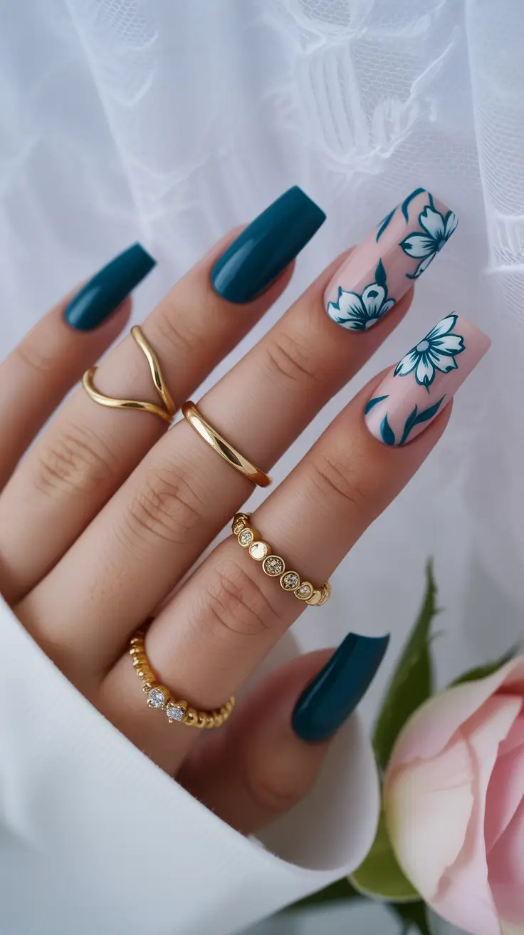 stunning spring nails coffin 2026 Elegant Deep Green Florals for a Sophisticated Spring Twist