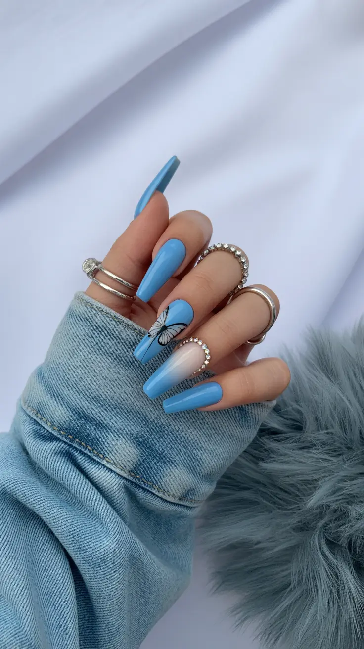 stunning spring nails coffin 2026 Soft Blue Butterfly Nails with a Dreamy Pastel Gradient