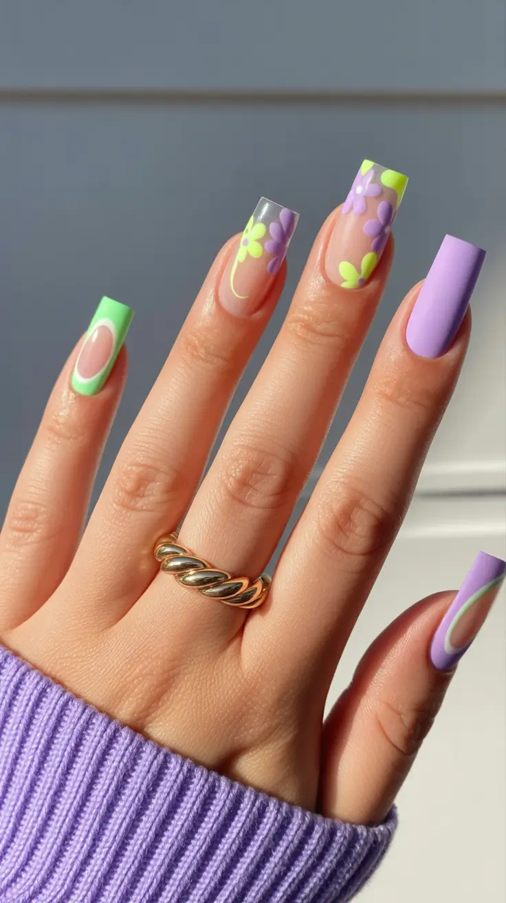 stunning spring nails coffin 2026 Lavender and Neon Floral Mix for a Playful Spring Statement