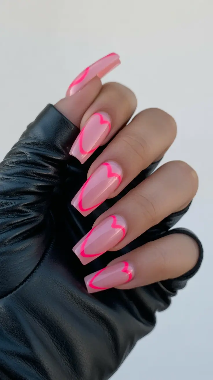 stunning spring nails coffin 2026 Neon Pink Heart Outlines for a Cute Modern Accent