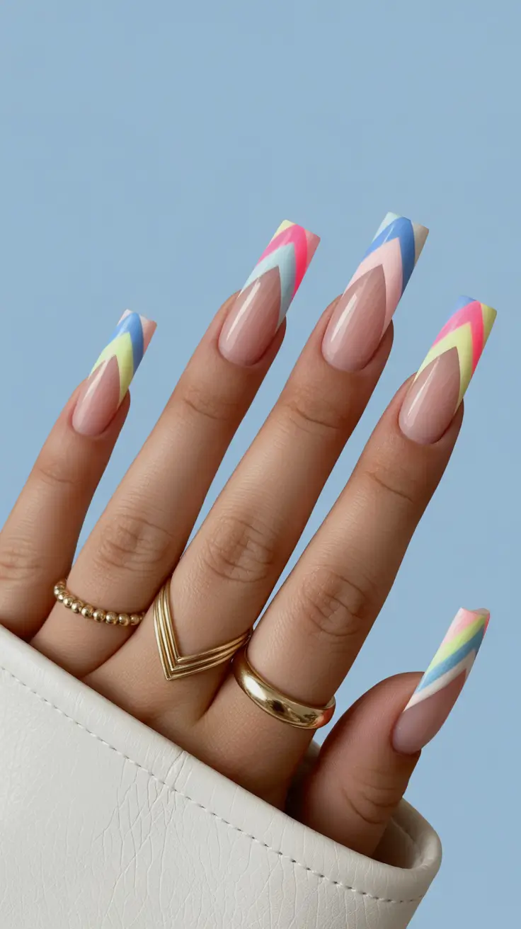 stunning spring nails coffin 2026 Colorful Geometric French Tips for a Bold Spring Statement
