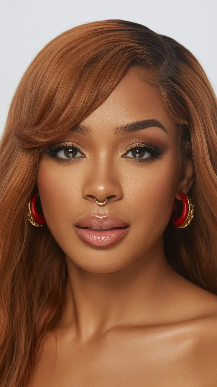 stylish spring hairstyle for black women 2026 Warm Auburn Side-Swept Glam Waves