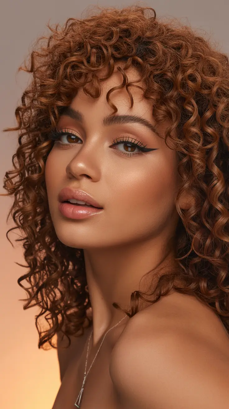 stylish spring hairstyle for black women 2026 Soft Copper Curly Volume with Micro Fringe