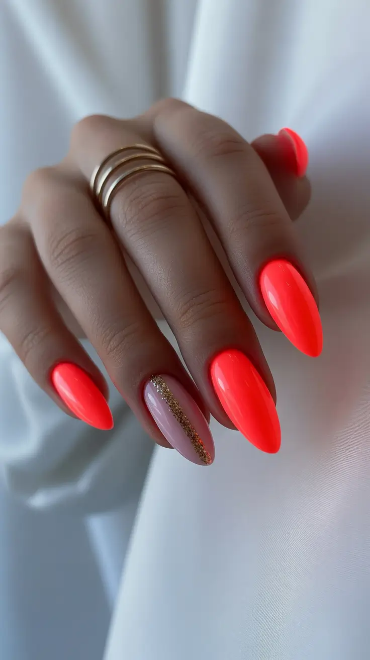 spring neon nails 2026 Vivid Neon Orange Gloss With a Subtle Gold Accent