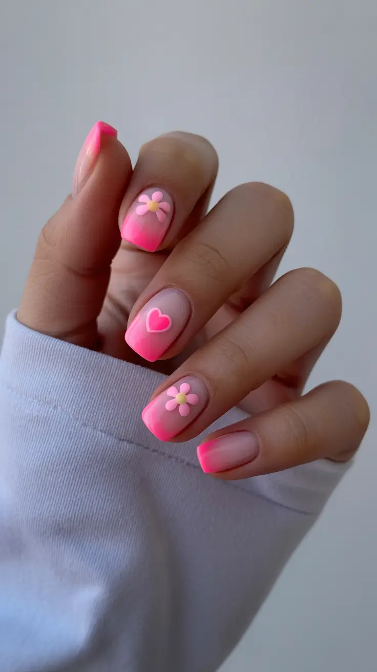 spring neon nails 2026 Soft Neon Pink Ombre With Playful Spring Flowers