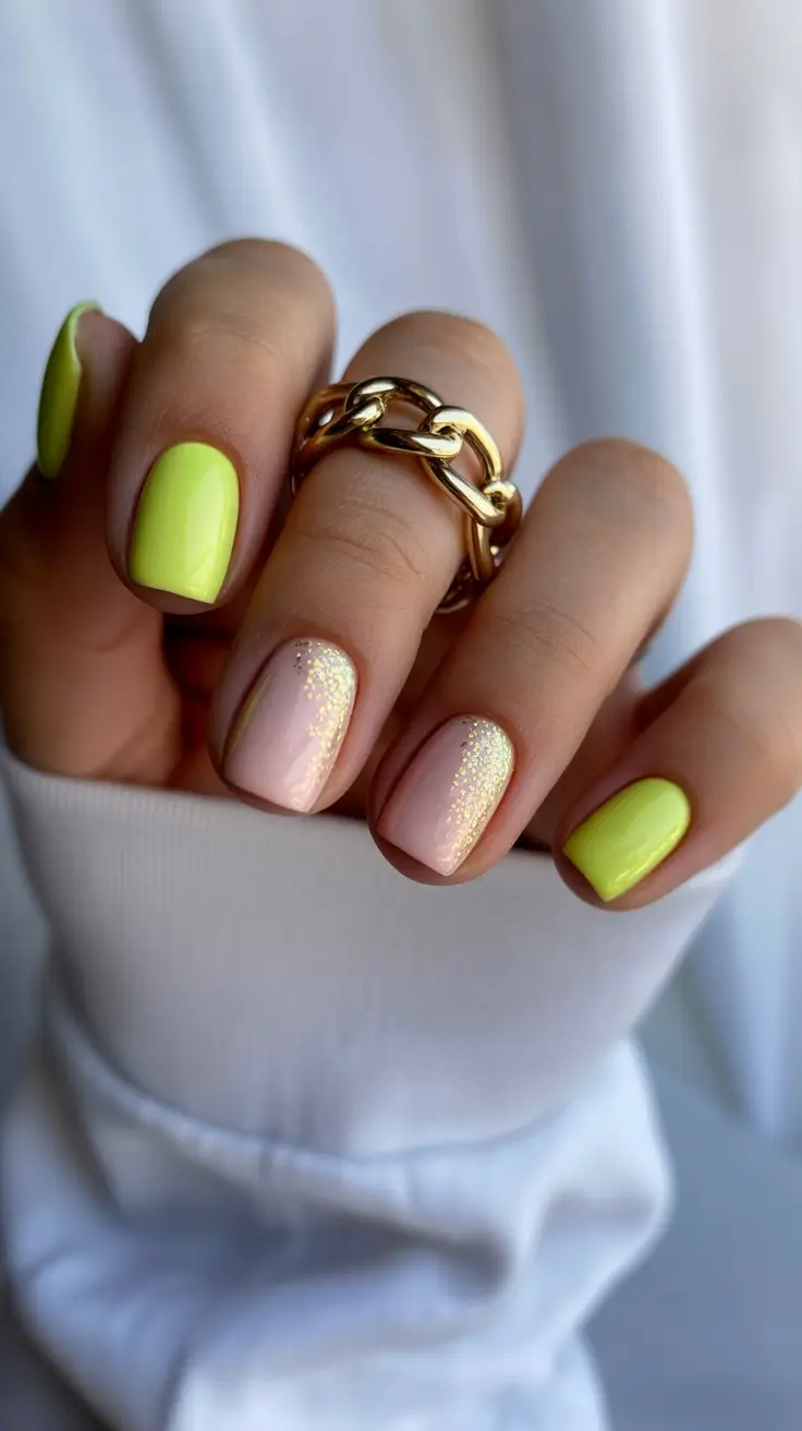 spring neon nails 2026 Neon Yellow Gloss With Subtle Gold Sparkle Accent