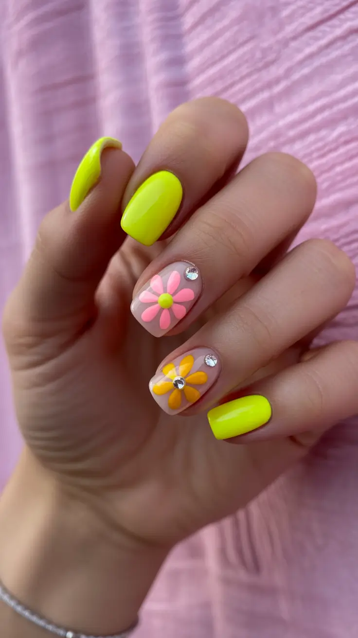 spring neon nails 2026 Bright Daisy Nail Art With Neon Yellow and Pink