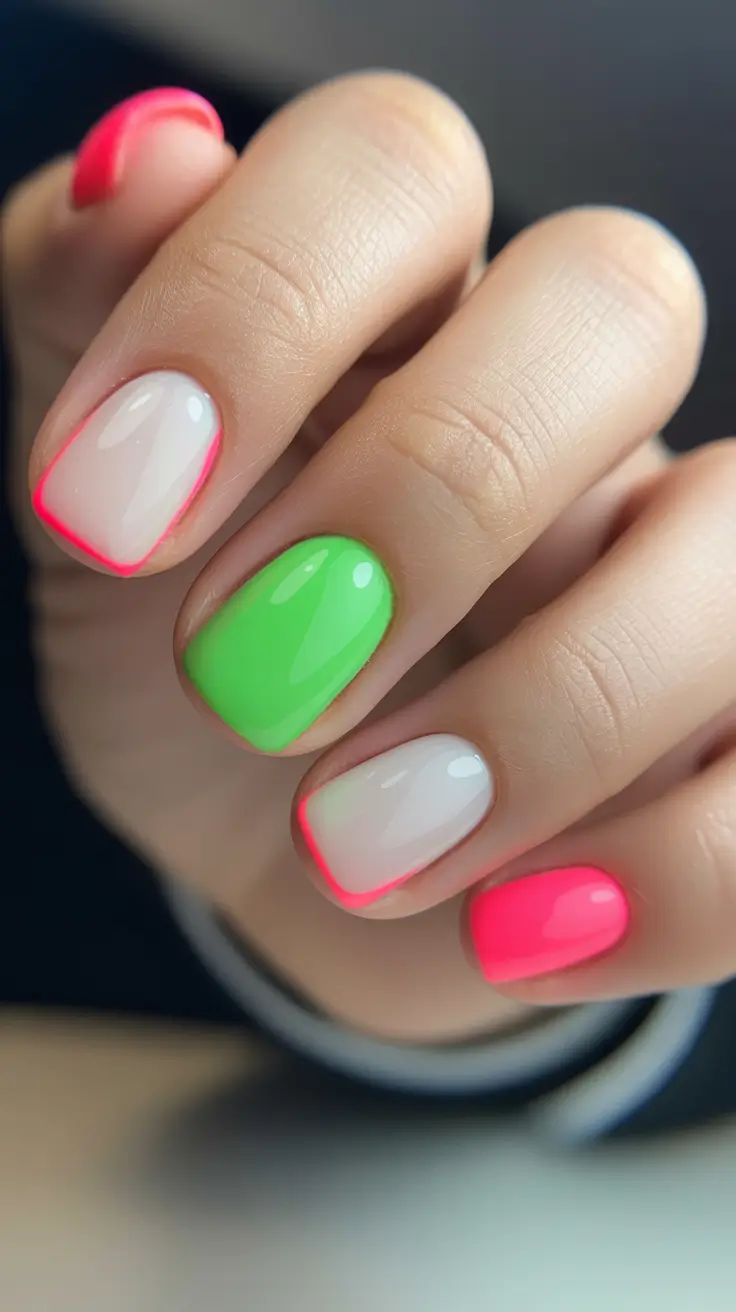 spring neon nails 2026 Playful Neon Mix for Modern Short Nails