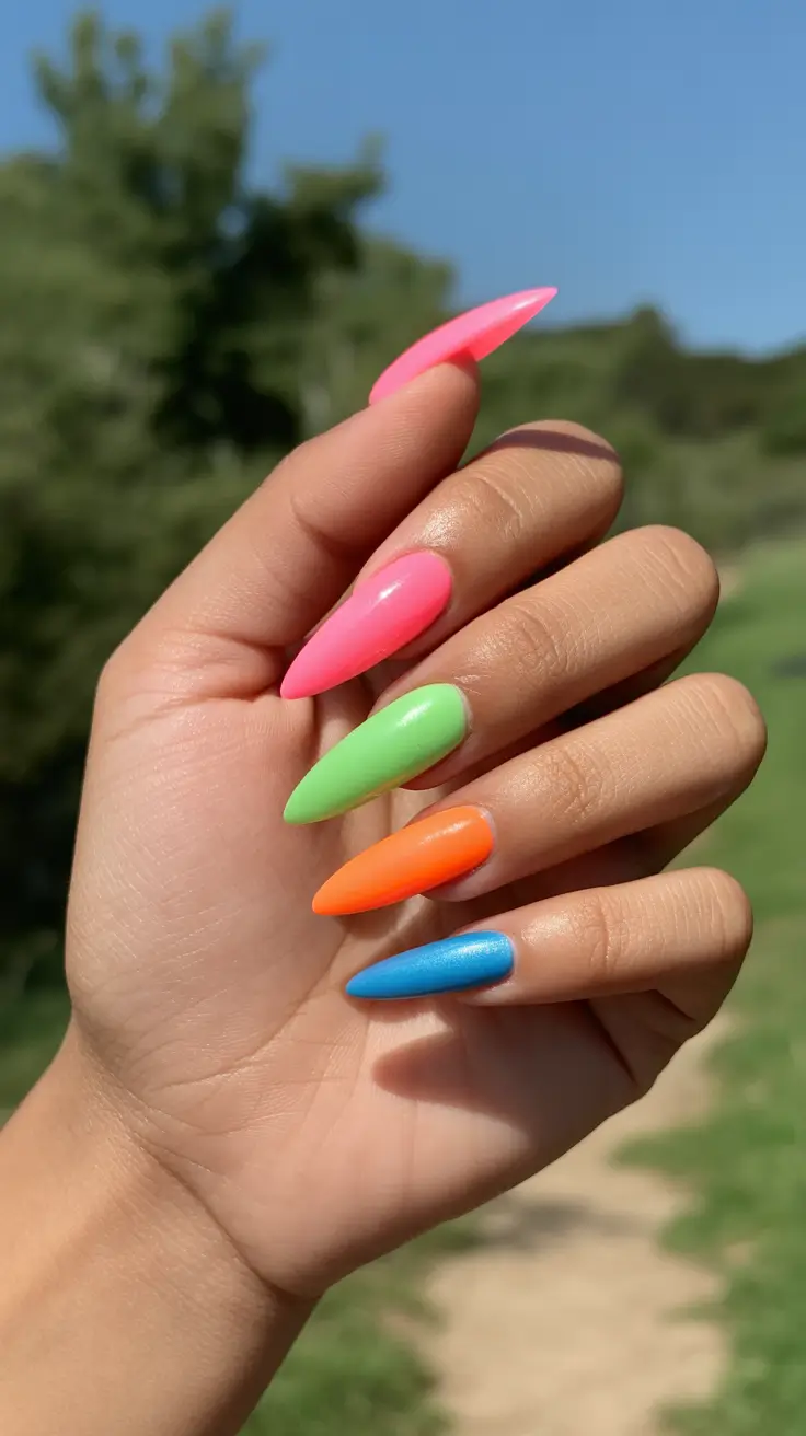 spring neon nails 2026 Bold Rainbow Neon Almond Nails for a Bright Spring Statement