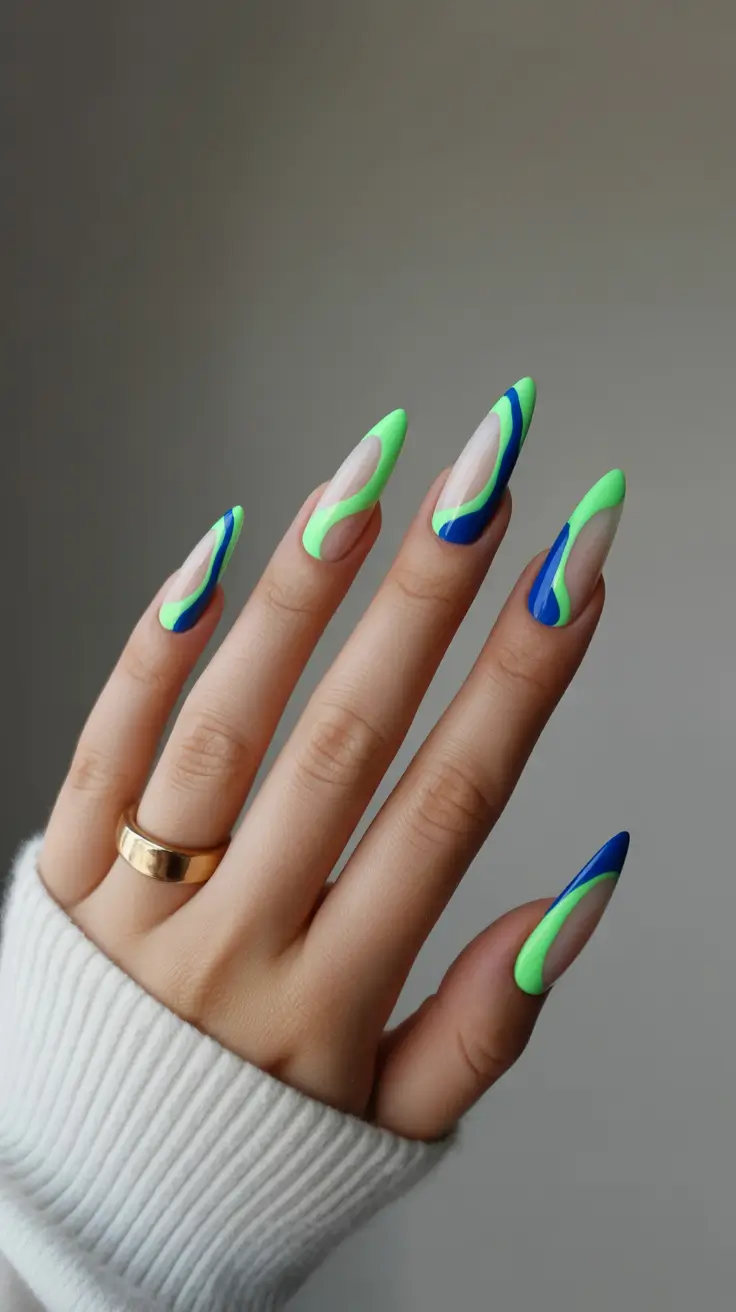 spring neon nails 2026 Fluid Neon Green and Blue Wave Art