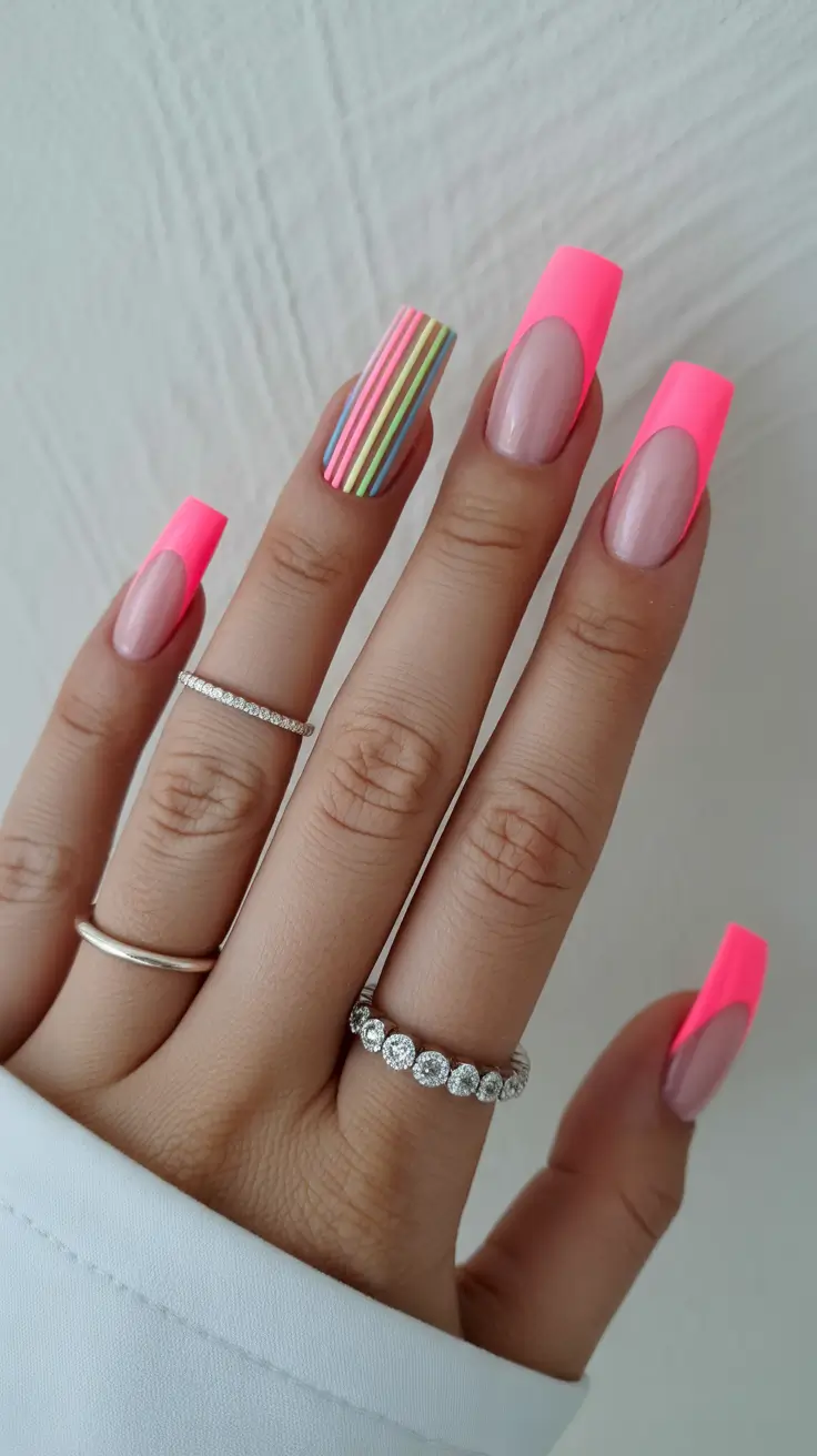 spring neon nails 2026 Neon Pink Coffin Nails With Graphic Accent Stripes