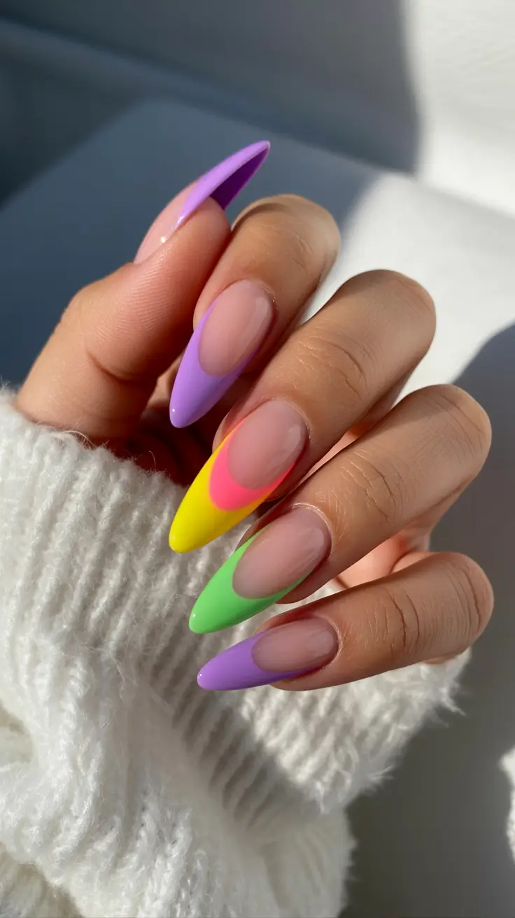 spring neon nails 2026 Colorful Neon French Almond Tips