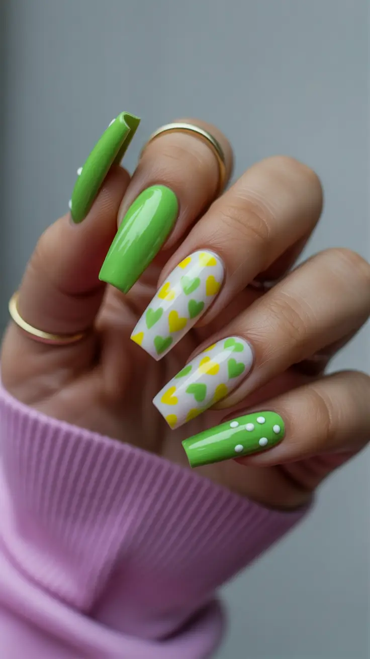 spring neon nails 2026 Fresh Green Heart Nails With Playful Spring Energy