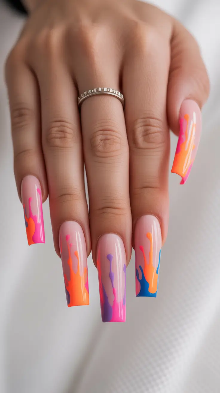 spring neon nails 2026 Bold Neon Paint Drip Art On Coffin Acrylic Nails