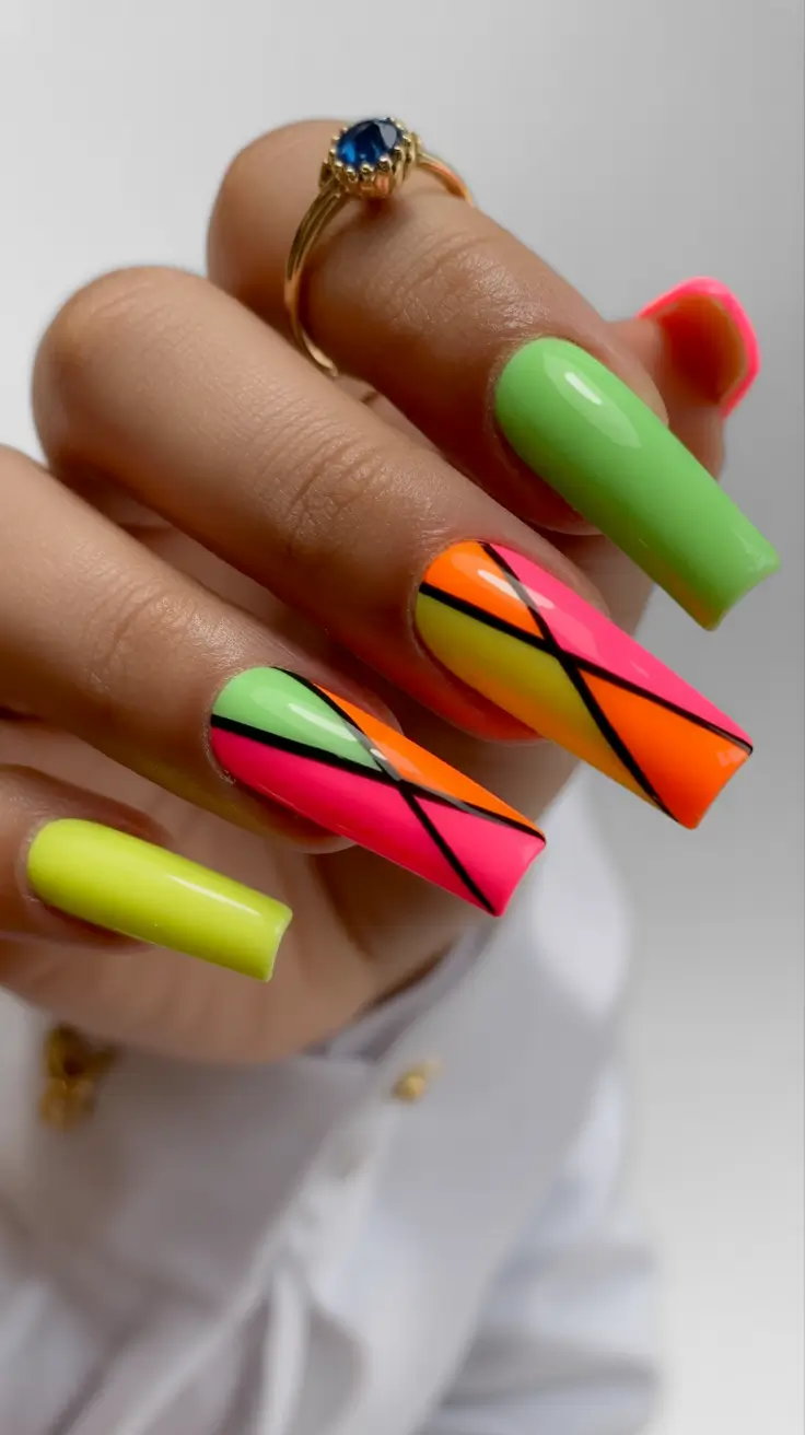 spring neon nails 2026 Geometric Neon Panels With Graphic Black Lines