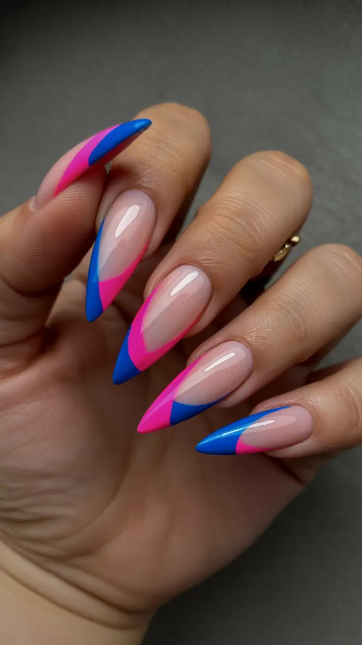 spring neon nails 2026 Electric Blue and Pink Diagonal Almond Tips