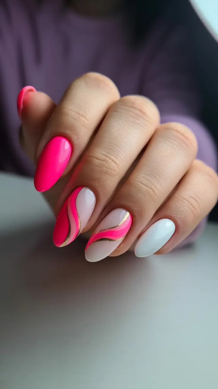 spring neon nails 2026 Soft Neon Pink Waves With Minimalist Contrast