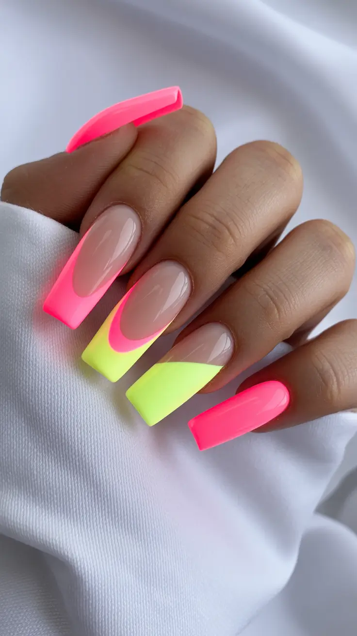 spring neon nails 2026 Color Block Neon Coffin Nails in Pink and Yellow