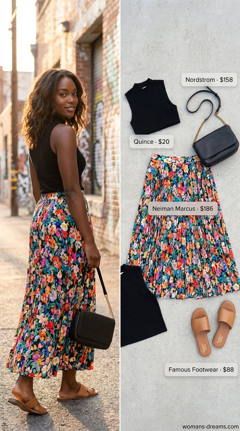 Artistic multi-color abstract floral print pleated midi skirt with a black mock neck top and tan slide sandals, forming a creative summer fashion outfit for women 2026 for an art gallery.