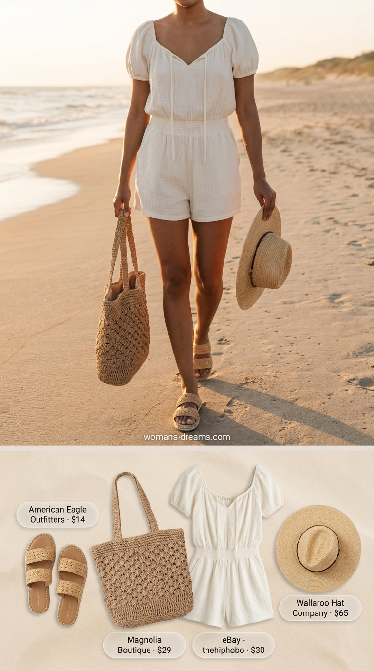 Airy white crinkle cotton romper with espadrille sandals and a straw wide-brim hat, making a relaxed summer fashion outfit for women 2026 ideal for a beach walk.