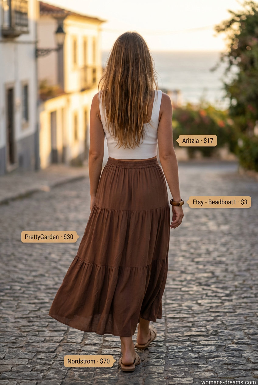 Bohemian earthy brown tiered maxi skirt with a white ribbed crop tank top and woven slide sandals, perfect for a free-spirited summer fashion outfit for women 2026 for a beach day.