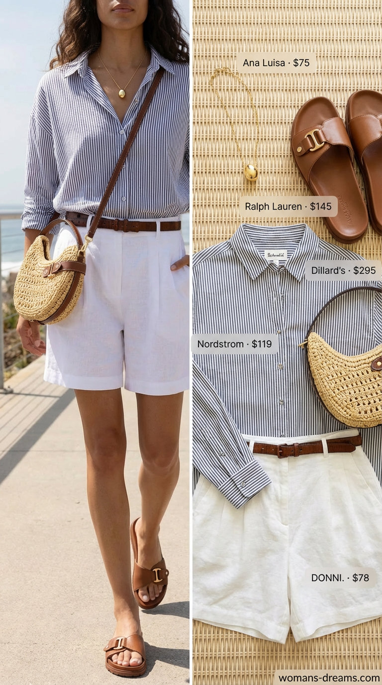 Fresh 'Coastal Granddaughter' summer fashion outfit for women 2026, featuring crisp white linen shorts, a navy striped button-down, tan slide sandals, and a straw crossbody bag for brunch.