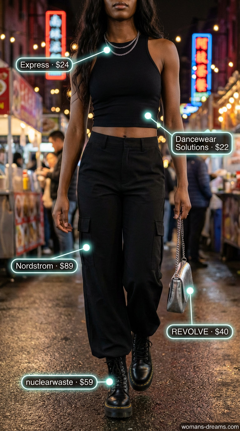 Edgy black and white summer fashion outfit for women 2026, featuring a white racerback crop top with black cargo pants and chunky combat boots, perfect for a concert or night out.