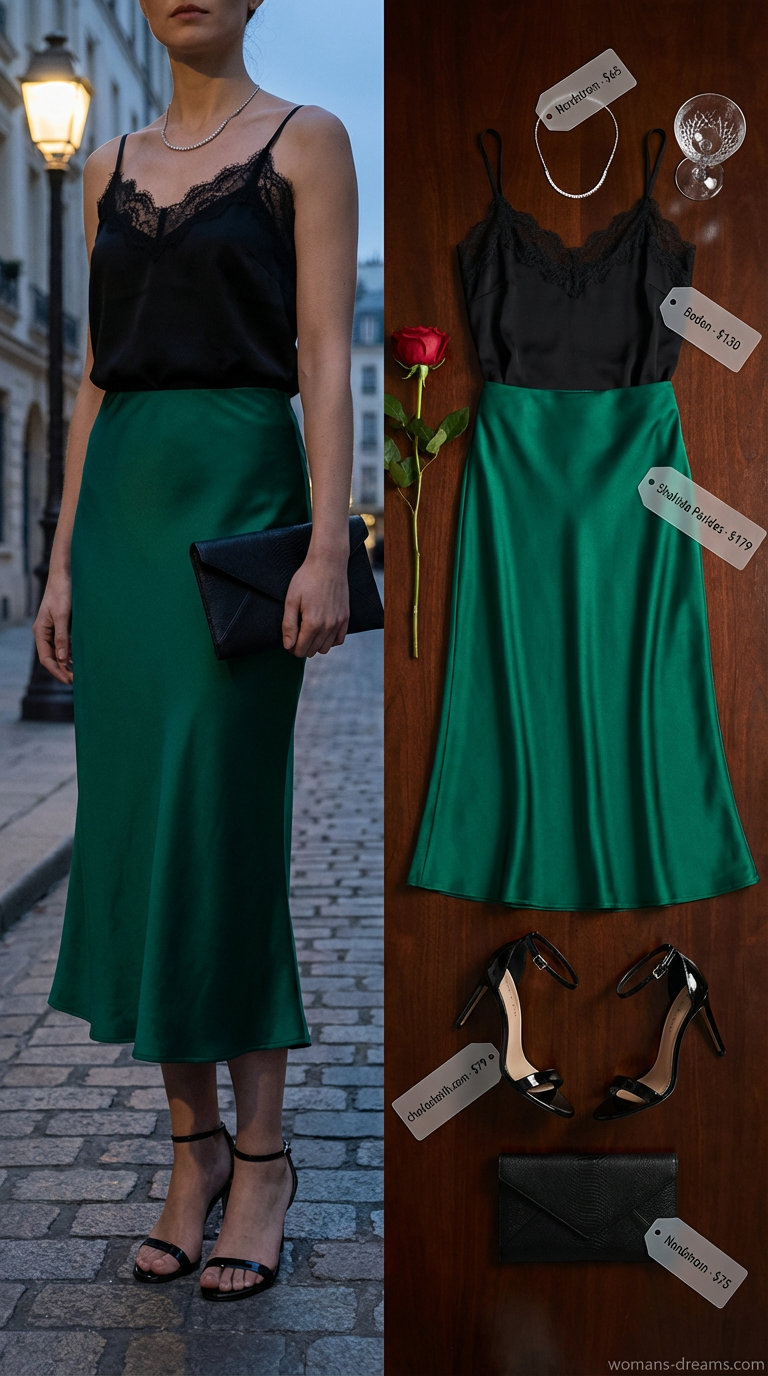 Glamorous emerald green satin slip midi skirt with a black lace camisole and strappy stiletto sandals, creating a sophisticated summer fashion outfit for women 2026 for an evening soiree.