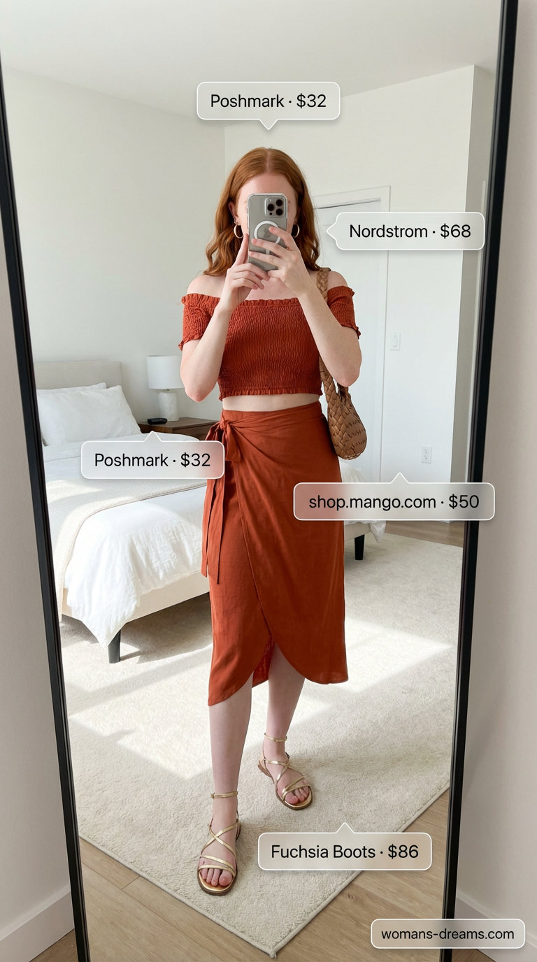 Glamorous burnt orange two-piece set in a summer fashion outfit for women 2026, with an off-shoulder crop top and tiered maxi skirt, gold sandals, and a straw bag for a party.
