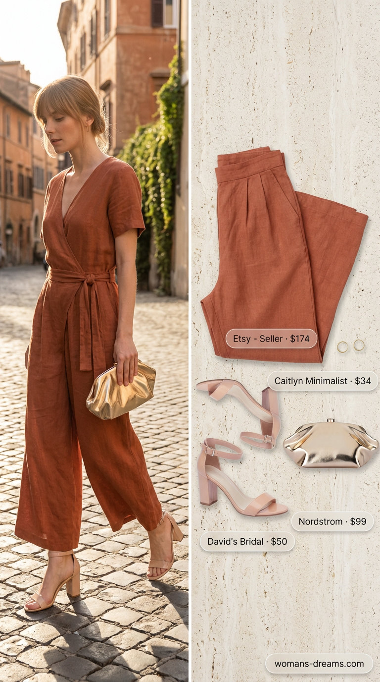 Sophisticated Golden Hour Getaway summer fashion outfits for women 2026. A terracotta linen blend wide-leg jumpsuit, gold hoop earrings, nude block heels, and a metallic clutch.