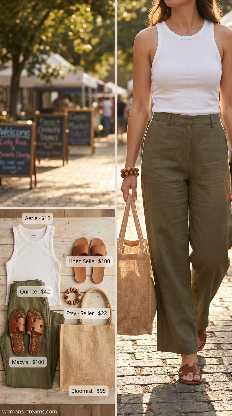 Stylish olive green linen wide-leg pants paired with a white ribbed tank top and brown slide sandals, featured in a summer fashion outfit for women 2026 for a weekend market.