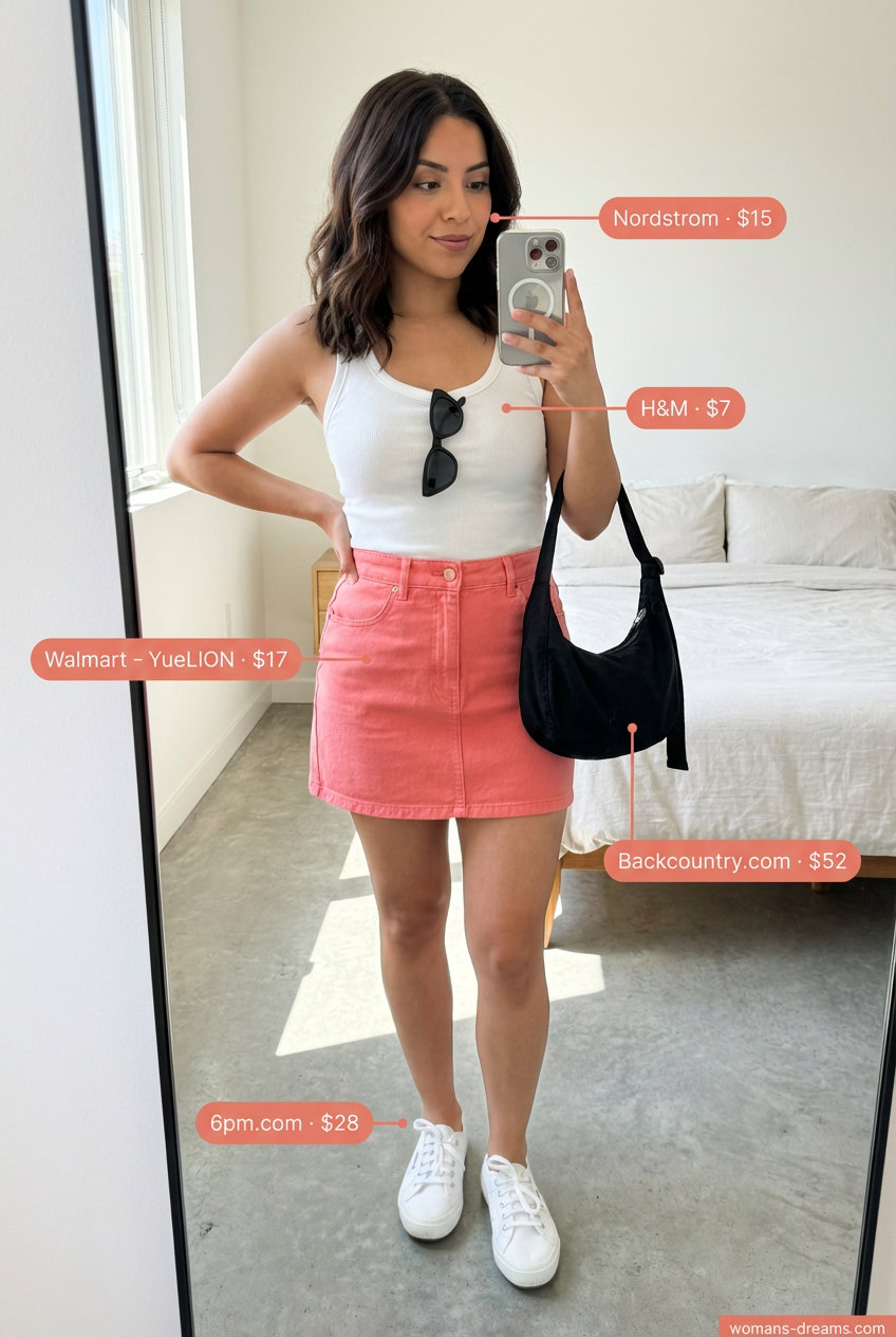 Playful and youthful summer fashion outfits for women 2026. A coral pink denim mini skirt, white ribbed tank top, white canvas sneakers, black cat-eye sunglasses, and crossbody bag.