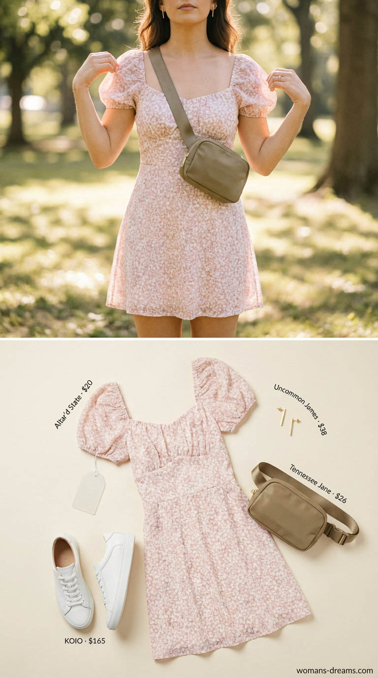 Playful pink floral print mini sundress with puff sleeves, combined with white sneakers and a khaki belt bag, in a sweet summer fashion outfit for women 2026 for a park picnic.