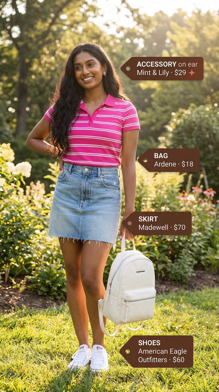 Playful preppy summer fashion outfits for women 2026. A model wears a hot pink and white striped polo shirt, a high-waisted denim mini skirt, and white low-top sneakers perfect for a casual picnic.