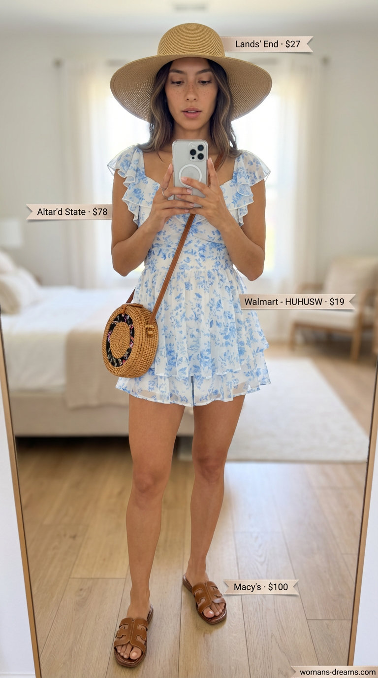 Sunny Day Getaway summer fashion outfits for women 2026 featuring a floral print romper, round straw crossbody bag, tan slide sandals, and a wide-brim hat.