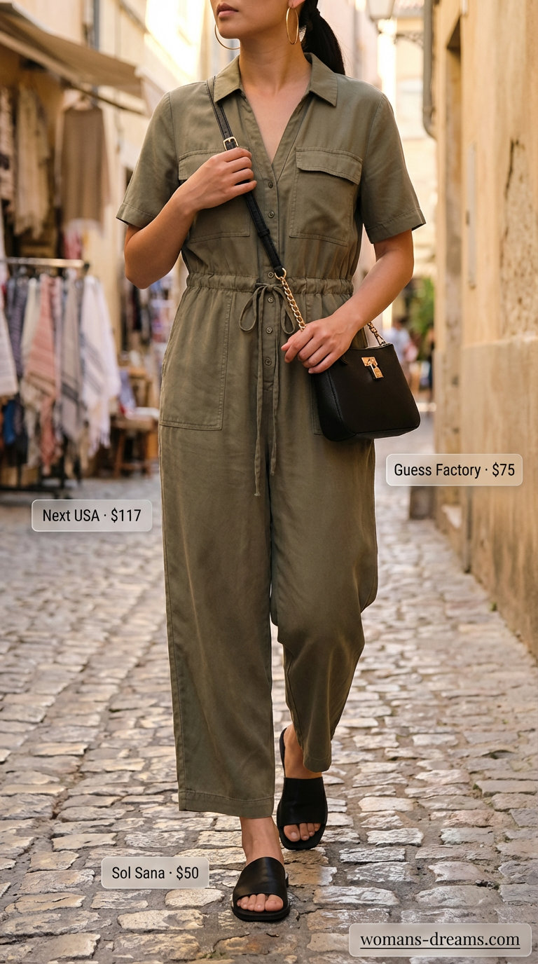Adventurous Urban Safari Explorer summer fashion outfits for women 2026. Khaki green utility jumpsuit, black leather slide sandals, black crossbody, gold hoop earrings.