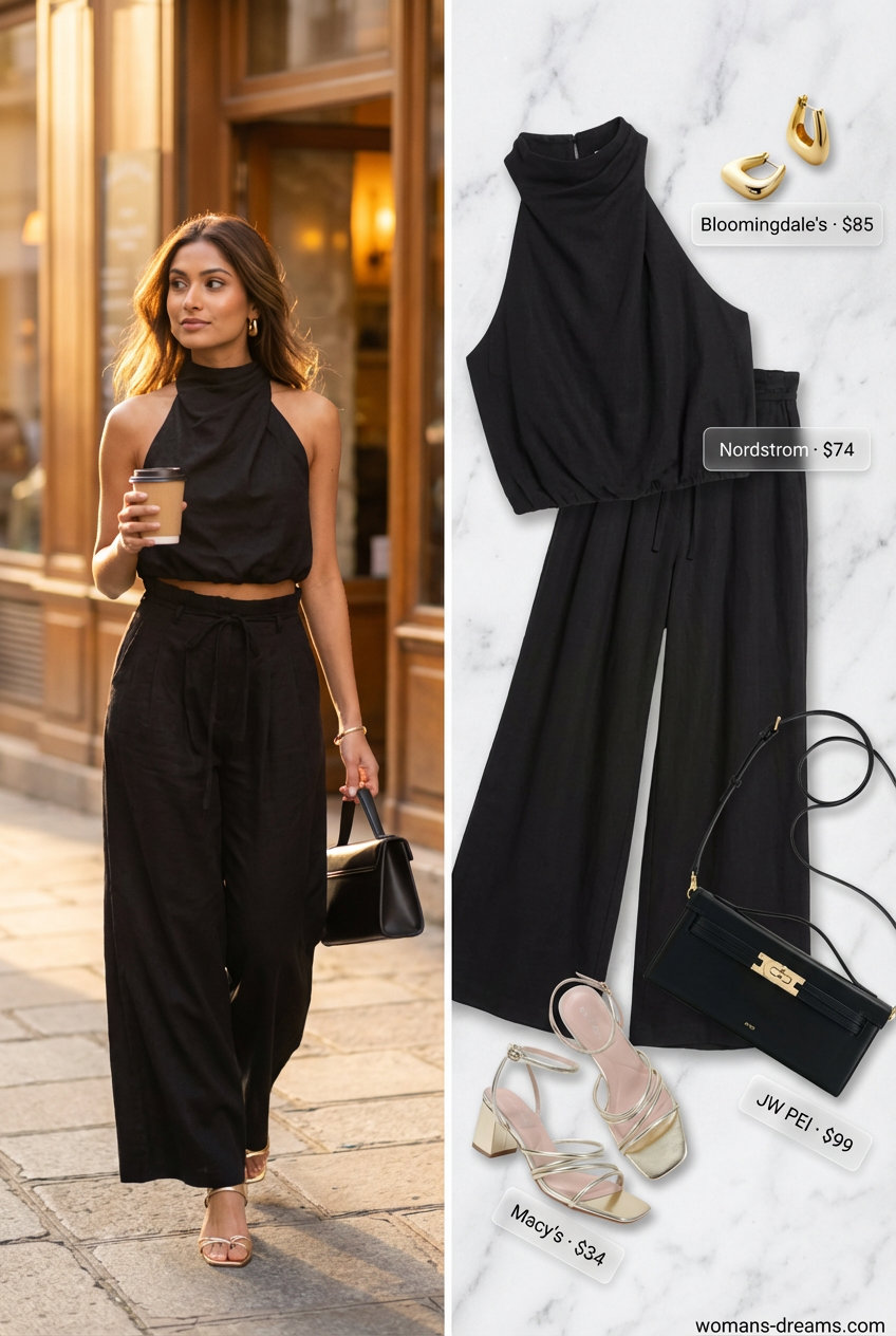 Sleek summer fashion outfits for women 2026 ideal for evening, featuring a black linen blend matching crop top and wide-leg pants set, gold chunky hoop earrings, a black top-handle bag, and gold strappy block heels.