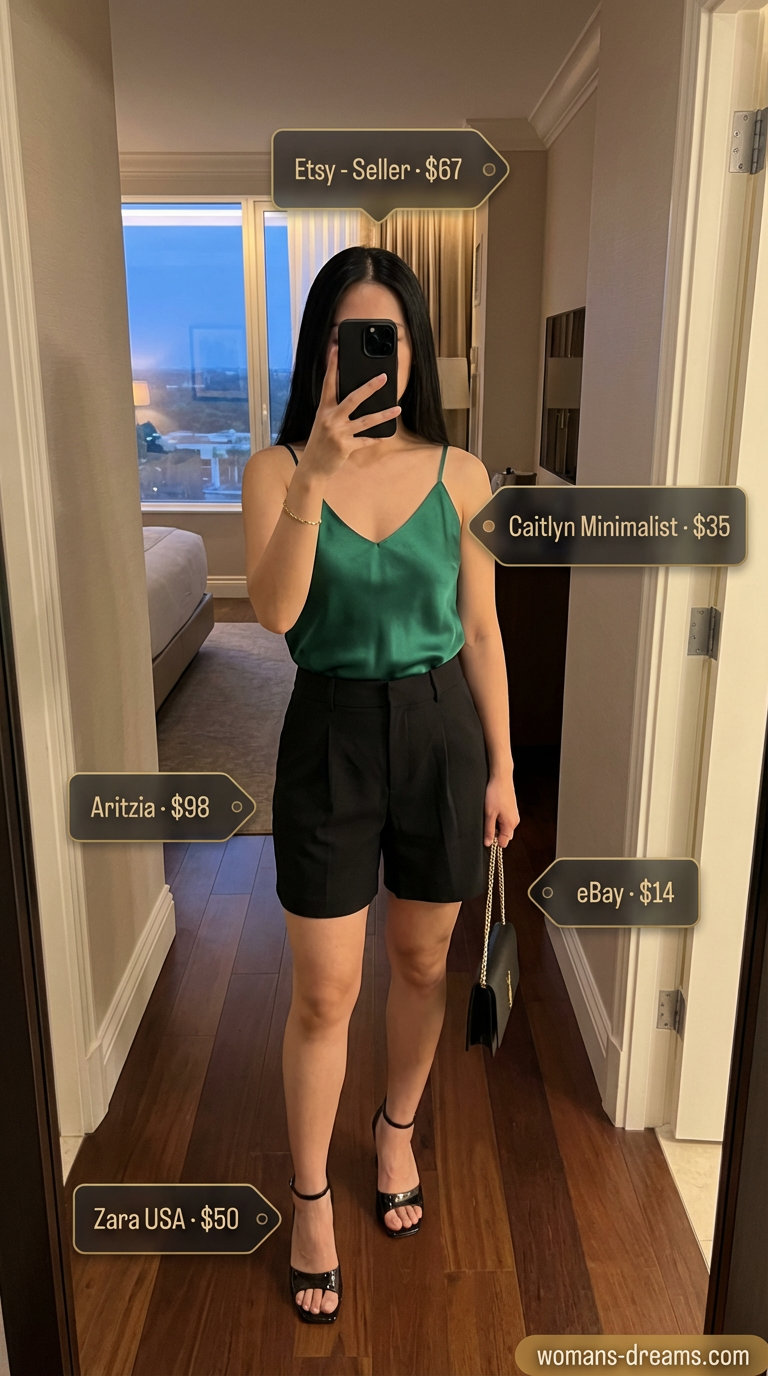 Sleek black tailored shorts with an emerald green silk camisole, black strappy heels, a black mini clutch, and a gold chain bracelet, defining summer fashion outfits for women 2026.