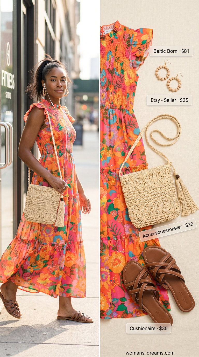 Bohemian coral and orange floral tiered maxi dress with braided sandals, a woven straw crossbody bag, and wooden beaded hoop earrings for a relaxed summer fashion outfit for women 2026.