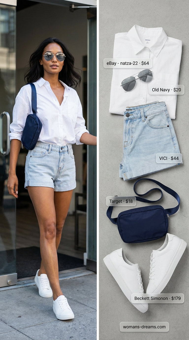 Sporty chic summer fashion outfit for women 2026 featuring high-waisted denim shorts, a white oversized shirt, white sneakers, a navy belt bag, and silver aviator sunglasses for a casual look.