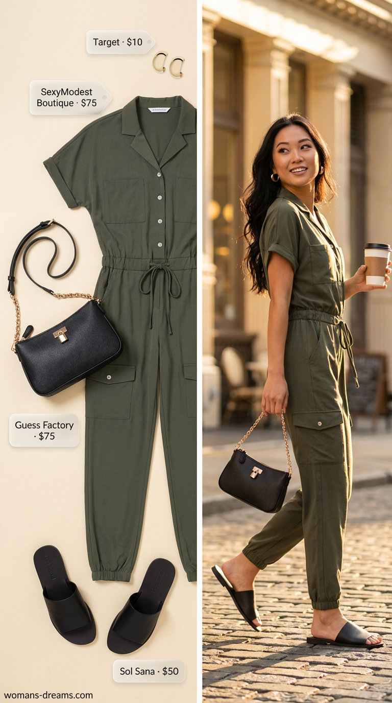 Practical and stylish khaki green utility jumpsuit with gold hoop earrings, a black crossbody bag, and black leather slide sandals, ideal for summer fashion outfits for women 2026.