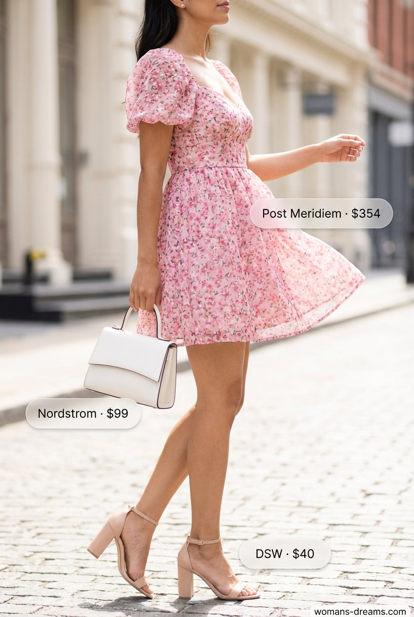 Chic soft pink floral mini dress with puff sleeves, a white top-handle bag, and nude block heels, perfect for summer fashion outfits for women 2026. Ideal for brunch or a garden party.