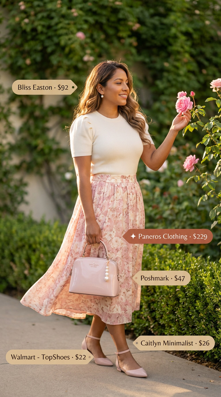 Romantic 'Feminine Garden Party' outfit with a pink floral midi skirt, a cream knit top, nude pink ballet flats, a pearl-detail bag, and pearl stud earrings, perfect for summer fashion outfits for women 2026.