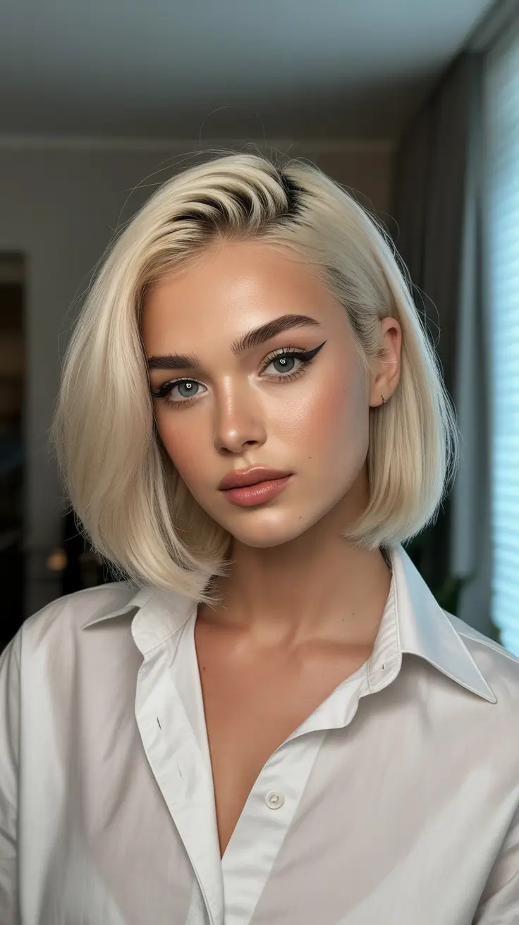 summer hair color for blondes 2026 trendy Graphic Platinum Bob With Statement Shine