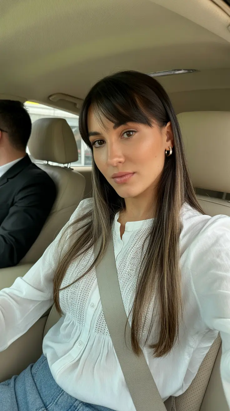 summer hair color ideas 2026 trendy Glossy Espresso Length With Minimalist Fringe